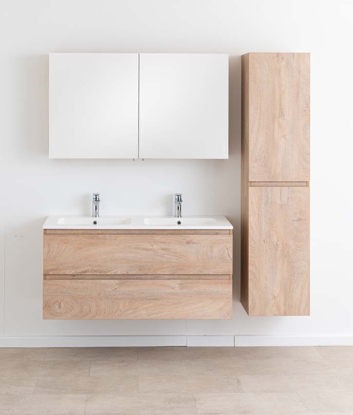 Meuble de salle de bain Tibo en chêne méditerranéen avec double lavabo blanc brillant 120cm