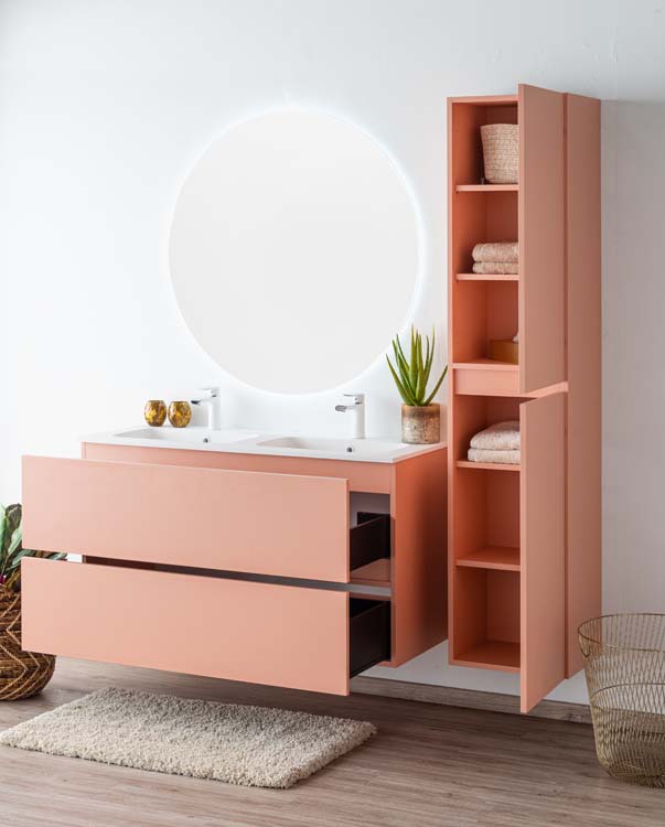 Badkamermeubel Puro blush hangend met dubbele wastafel mat wit 120cm