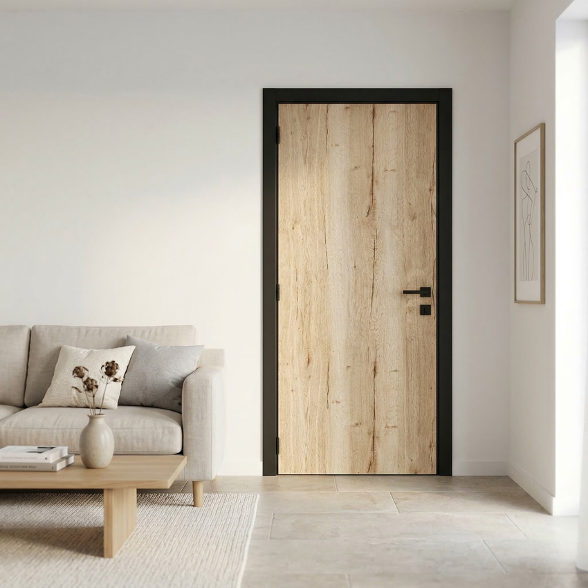 Porte intérieure complète Nature Wood 201,5x68cm tubulaire réversible + châssis noir 16,5cm