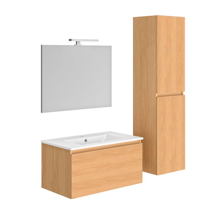 Meuble de salle de bains Atlas chêne suspendu avec lavabo simple blanc brilllant 80cm + miroir et éclairage