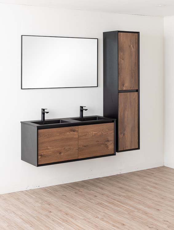 Meuble de salle de bains Justin noyer suspendu avec lavabo double noir mat 120cm