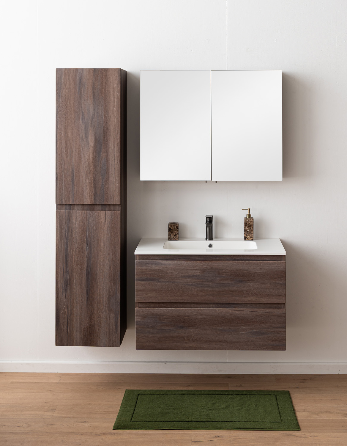 Meuble de salle de bains Tarik chêne ambré suspendu avec vasque simple blanc brillant 90cm