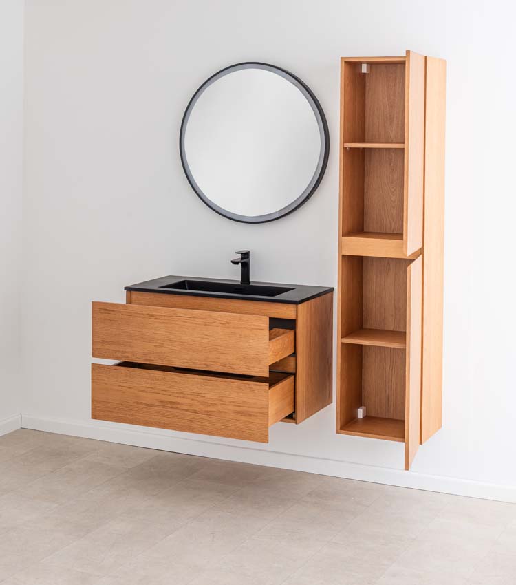 Meuble de salle de bain Fior chêne suspendu avec vasque simple noir mat 90cm