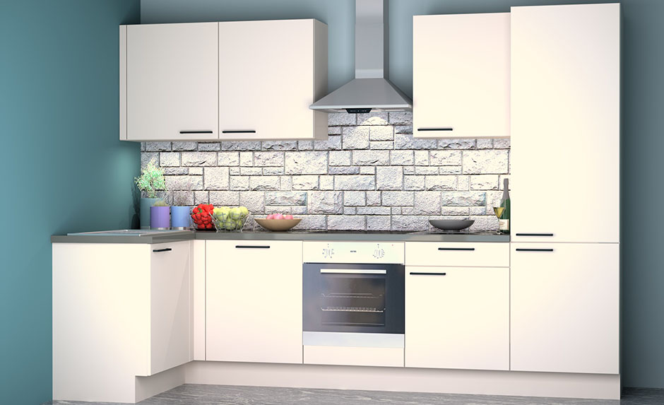 Hoekkeuken Premium 15C wit 305x130cm - voorgemonteerd - zonder toestellen - inox wanddampkap