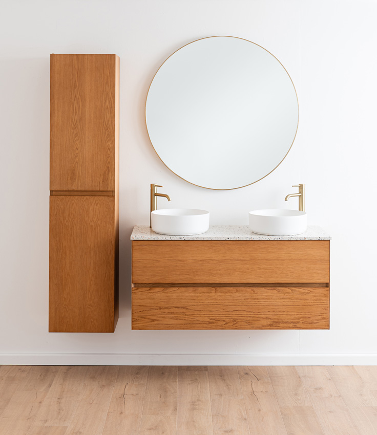 Badkamermeubel Fior eik hangend met dubbel topblad terrazzo 120cm