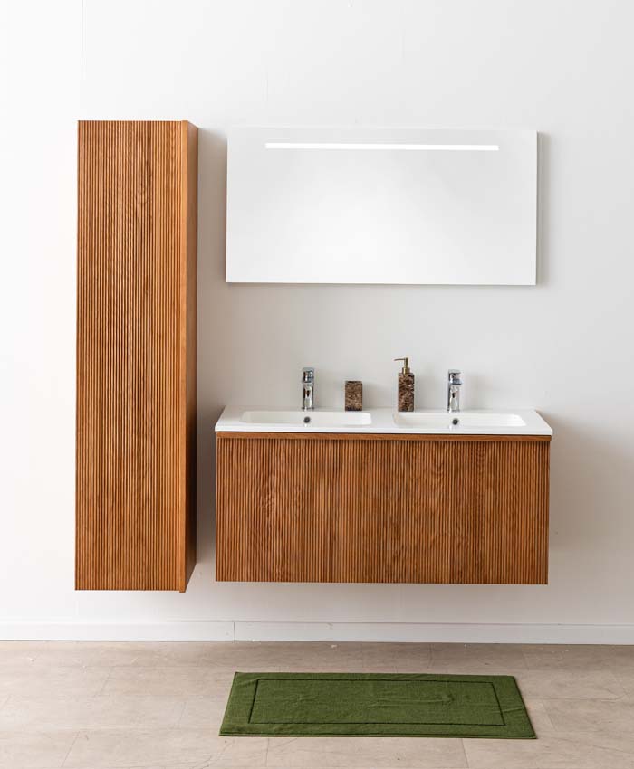 Badkamermeubel Fae eik hangend met dubbele wastafel glanzend wit 120cm