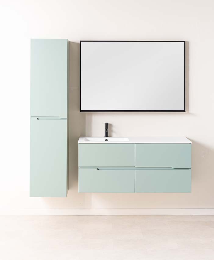 Meuble de salle de bains Truman vert gris suspendu avec lavabo simple à gauche blanc mat 120cm