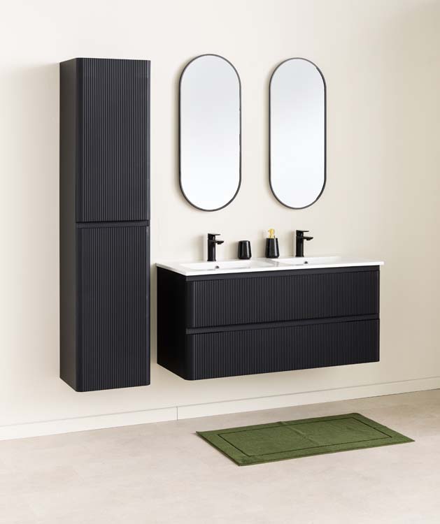 Meuble de salle de bains Julia noir mat suspendu avec lavabo double blanc brillant 120cm