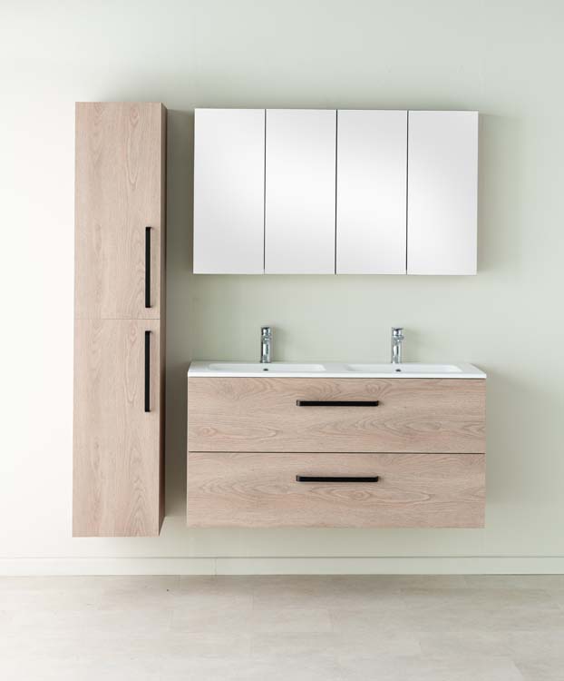 Badkamermeubel Bison eik hangend met dubbele wastafel glanzend wit 120cm