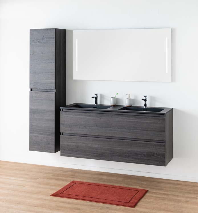 Meuble de salle de bains Dotan chêne foncé suspendu avec lavabo double noir mat 140cm