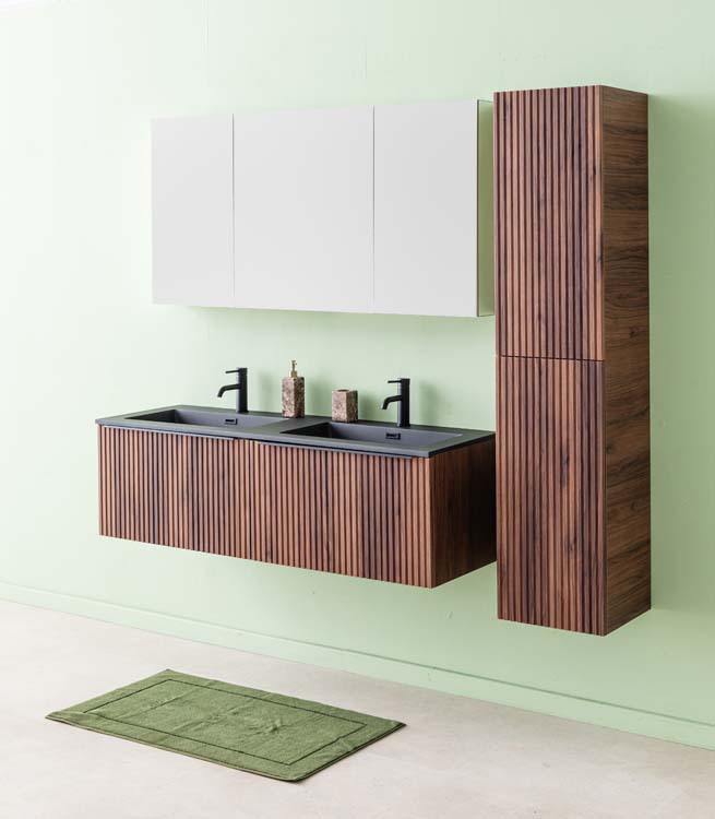 Meuble de salle de bains Soetkin noyer suspendu avec lavabo double noir mat 140cm