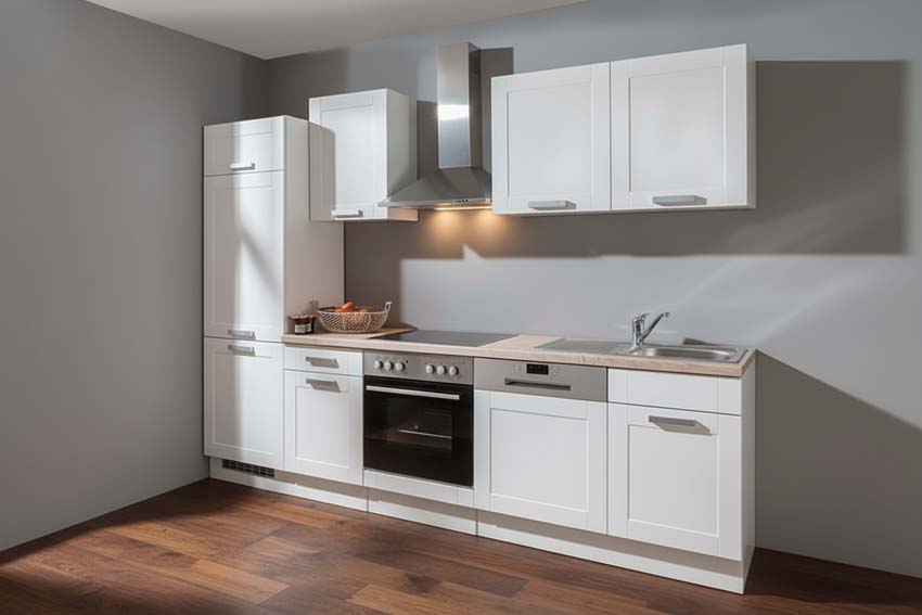 Cuisine Njord blanc rustique 280cm - hotte murale en inox - sans appareils