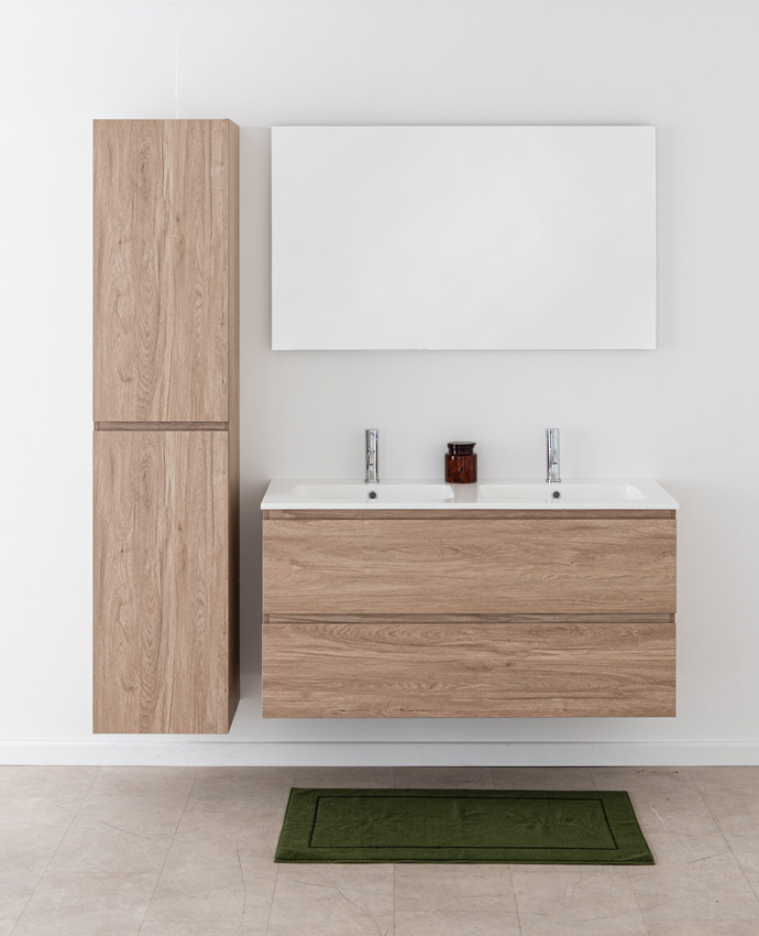 Meuble de salle de bain Bianca aspect chêne suspendu avec double lavabo blanc brillant 120,5cm