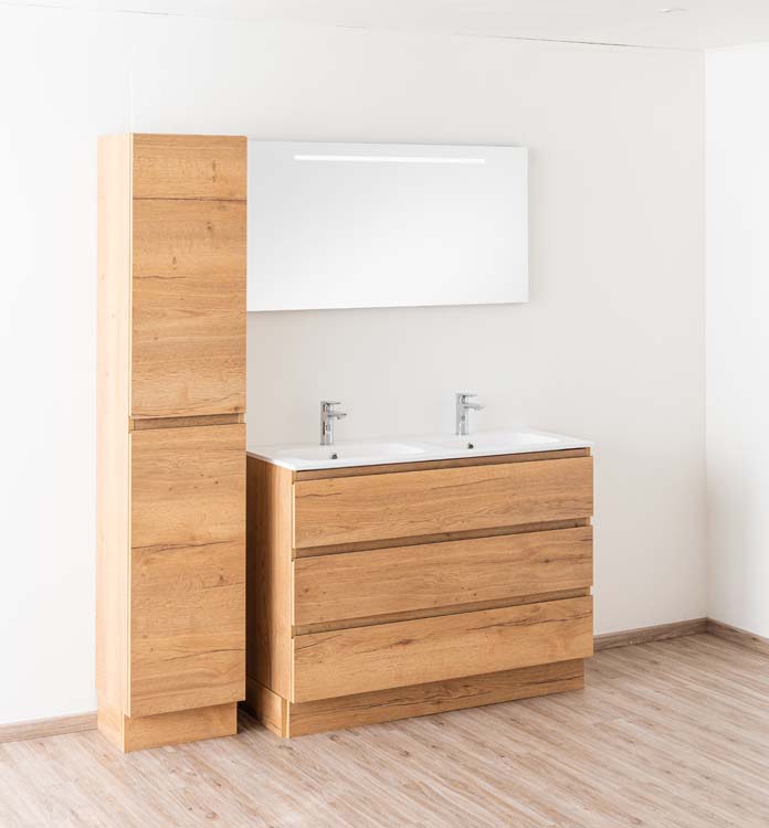 Meuble de salle de bains Daria chêne brun doré sur pied avec lavabo double blanc mat 120cm