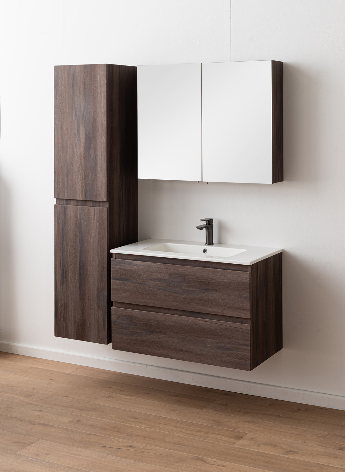 Meuble de salle de bains Tarik chêne ambré suspendu avec vasque simple blanc brillant 90cm