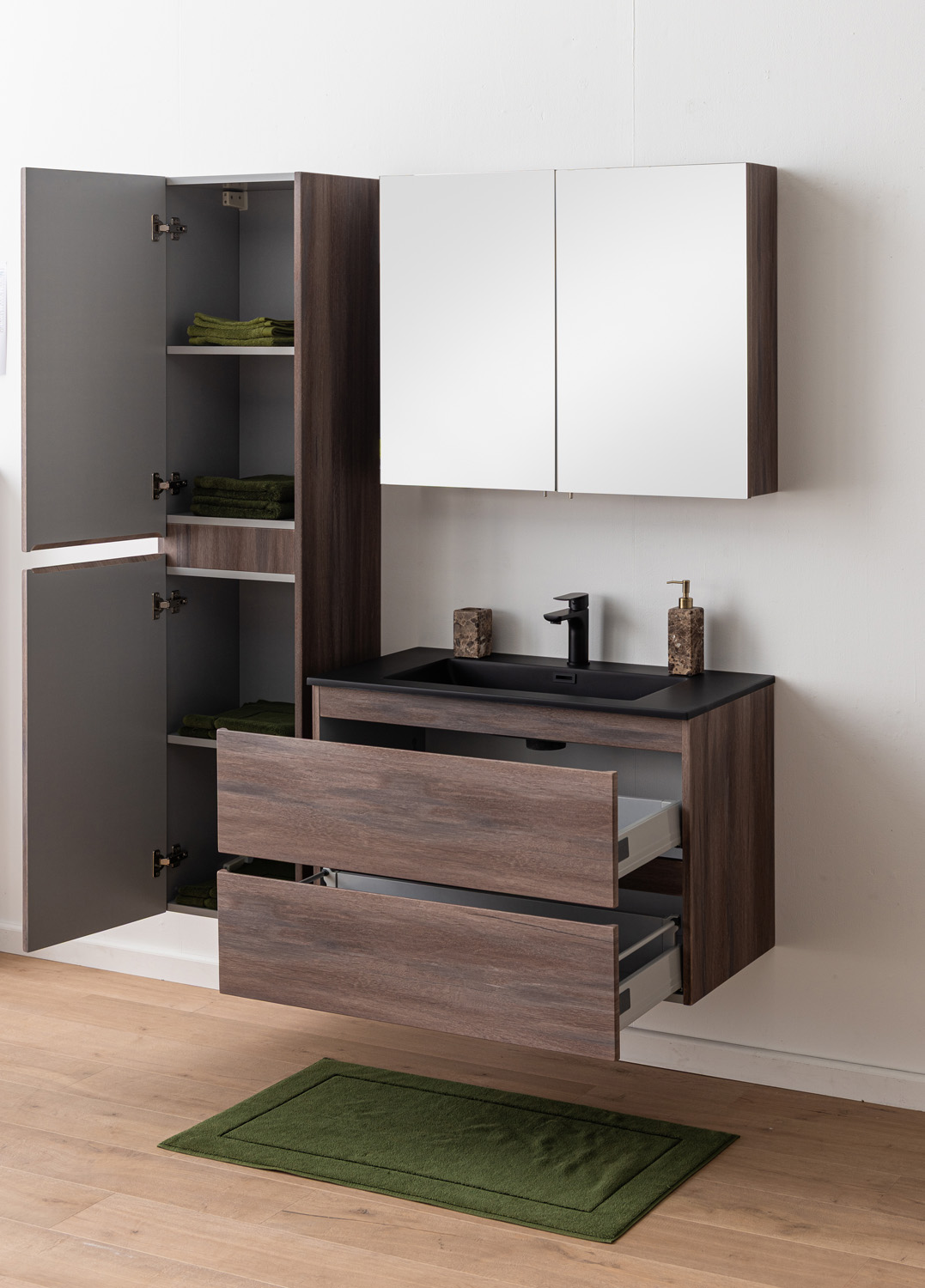 Meuble de salle de bains Tarik chêne ambré suspendu avec vasque simple noir mat 90cm