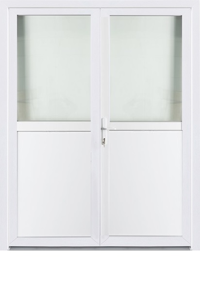 Buitendeur dubbel halfglas PVC helder glas wit linkstrekkend naar buiten opendraaiend op maat