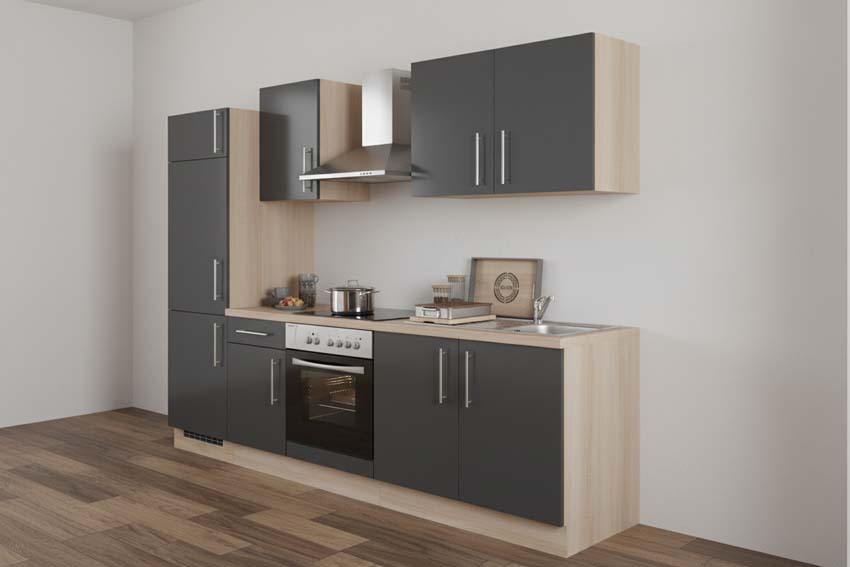 Cuisine Ymir gris mat 270cm - hotte murale en inox - sans appareils