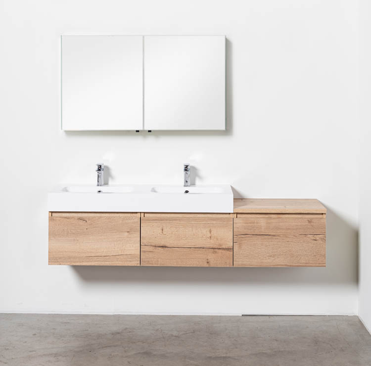 Meuble de salle de bains Domino aspect chêne suspendu avec lavabo double blanc brillant 180cm