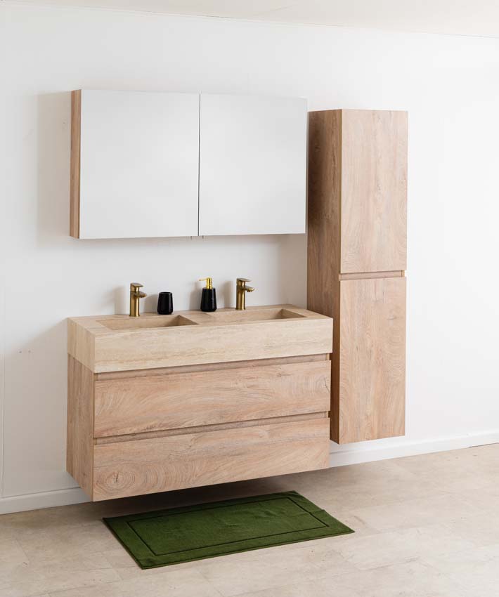 Meuble de salle de bain Tibo chêne avec double lavabo large en travertin 120cm