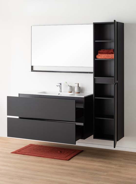 Badkamermeubel Puro mat zwart hangend met enkele wastafel glanzend wit 120cm