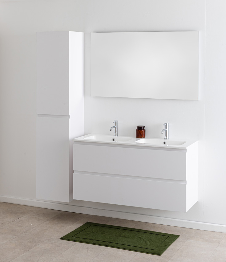 Meuble de salle de bain Bianca blanc mat suspendu avec double lavabo blanc brillant 120,5cm