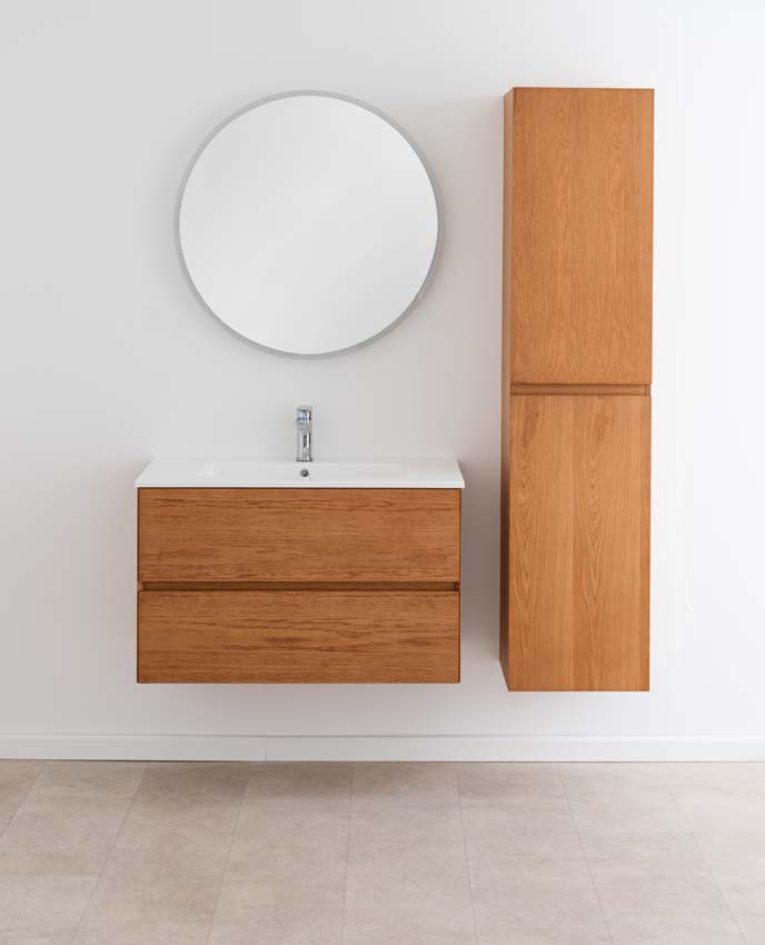 Meuble de salle de bain Fior chêne suspendu avec vasque simple blanc brillant 90cm