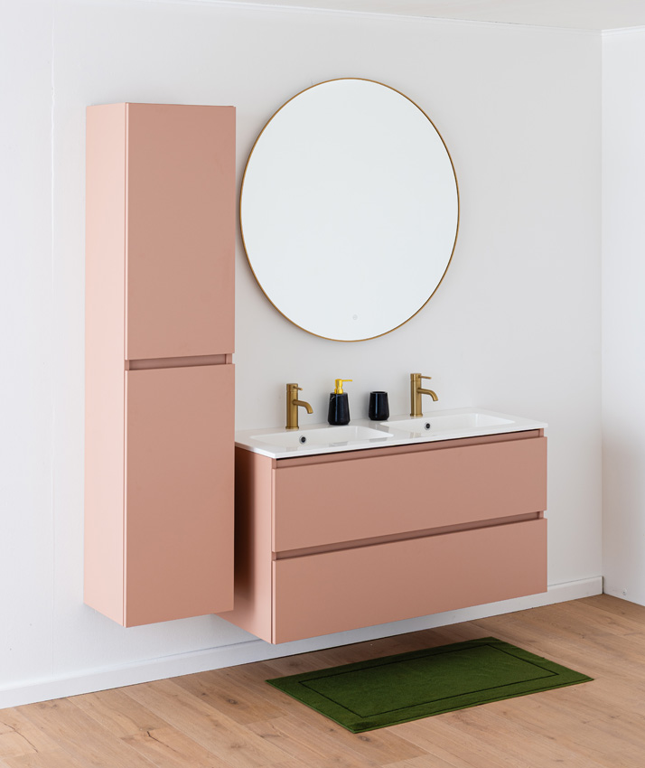 Meuble de salle de bains Dotan abricot suspendu avec double lavabo blanc brillant 120cm
