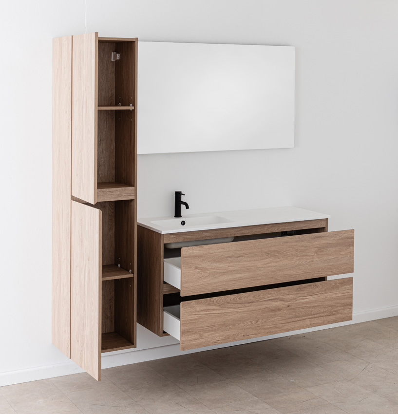 Meuble de salle de bain Bianca aspect chêne suspendu avec lavabo simple blanc mat 120,5cm