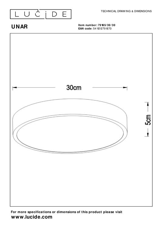 Lucide UNAR - Plafonnière - Ø 30 cm - LED Dimb. - 1x18W 2700K - 3 StepDim - Zwart
