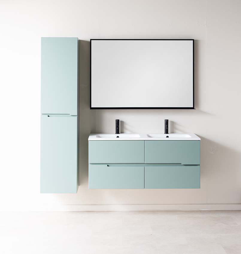 Meuble de salle de bains Truman vert gris suspendu avec lavabo double blanc mat 120cm