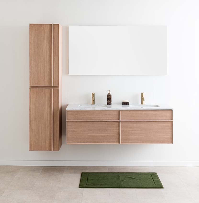 Badkamermeubel Felix eik hangend met dubbele wastafel carrara 140cm