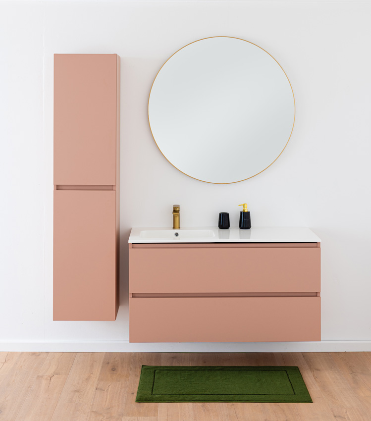Meuble de salle de bains Dotan abricot suspendu avec lavabo simple gauche blanc brillant 120cm