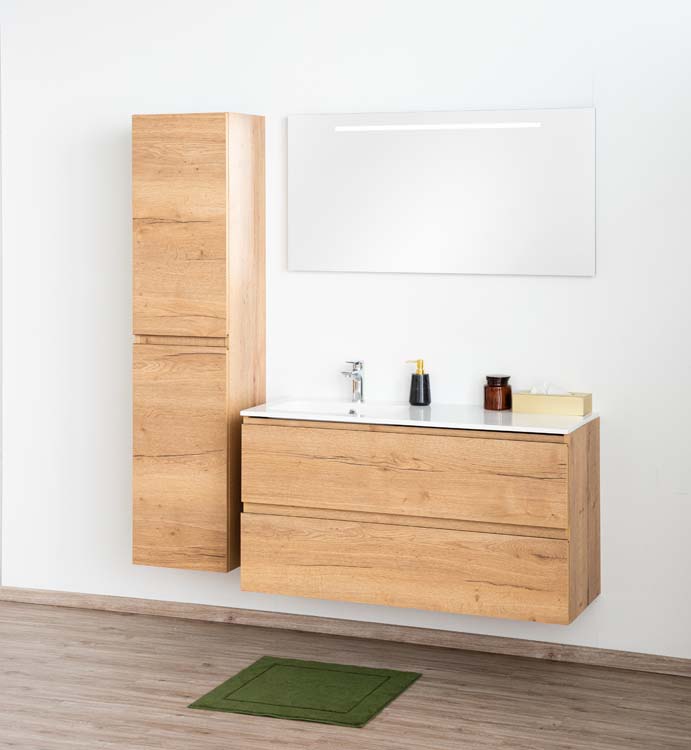 Meuble de salle de bains Daria chêne brun doré suspendu avec lavabo simple à gauche blanc brillant 120cm