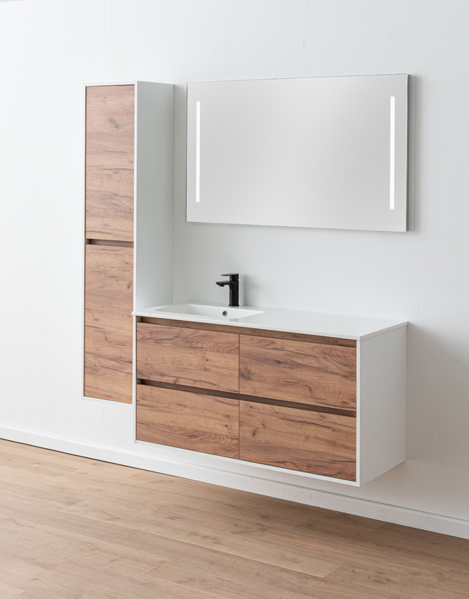 Meuble de salle de bains Treviso chêne/blanc avec lavabo simple blanc brillant 120cm