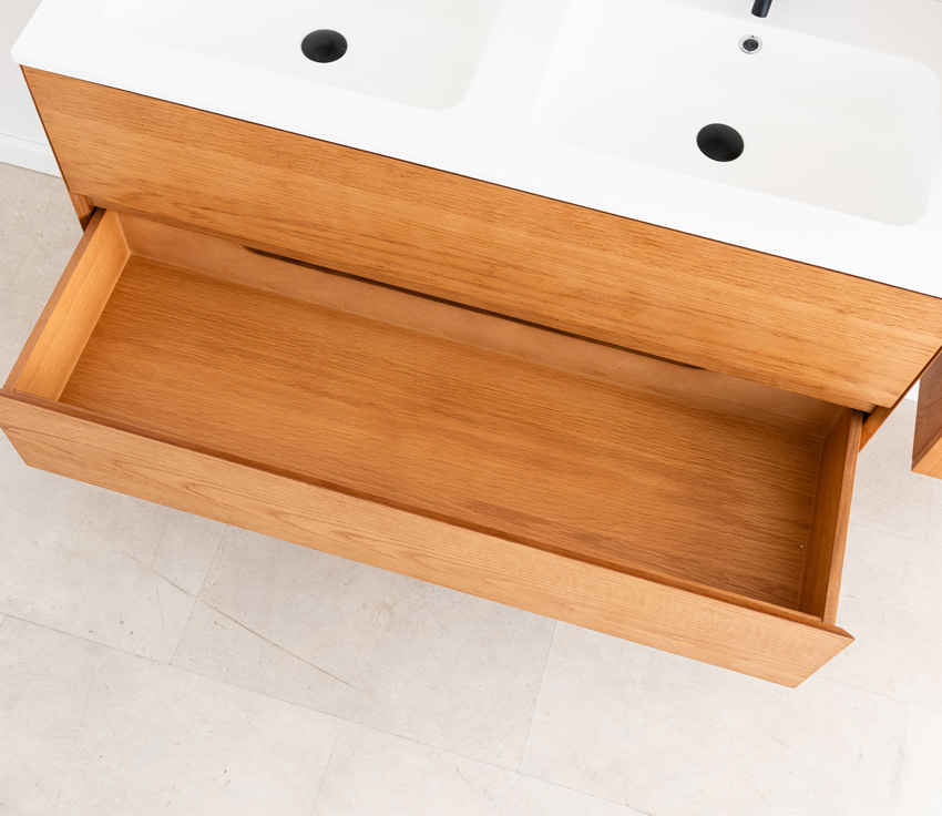 Meuble de salle de bain Fior en placage chêne suspendu avec double lavabo blanc mat 120cm