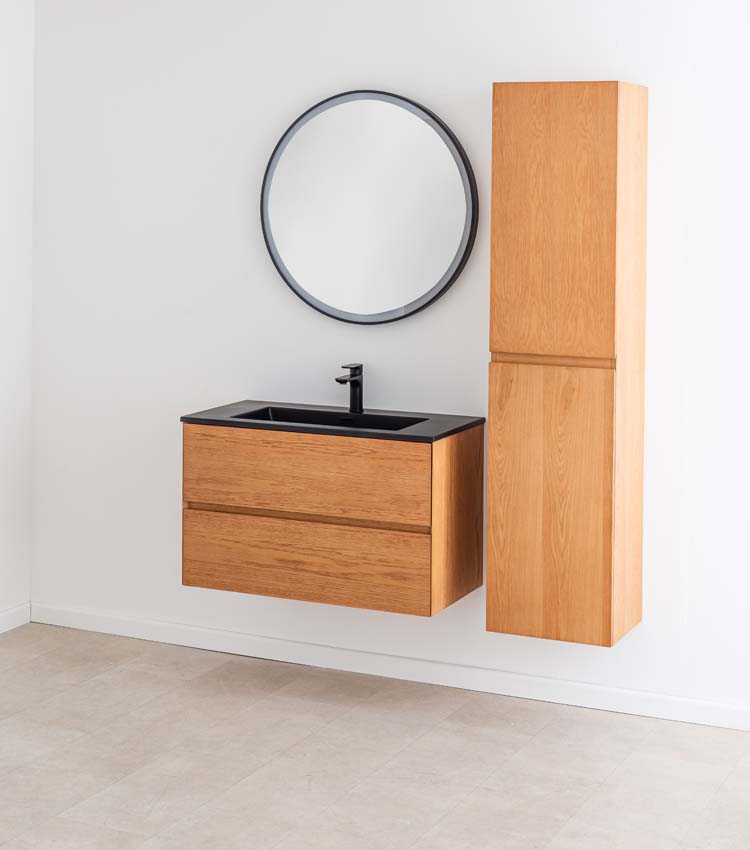 Meuble de salle de bain Fior chêne suspendu avec vasque simple noir mat 90cm