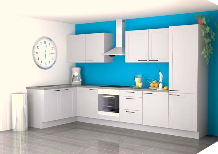 Cuisine d'angle Premium 16A blanche 365x165cm - pré-montée - avec appareils - plaque de cuisson vitrocéramique et hotte murale en inox