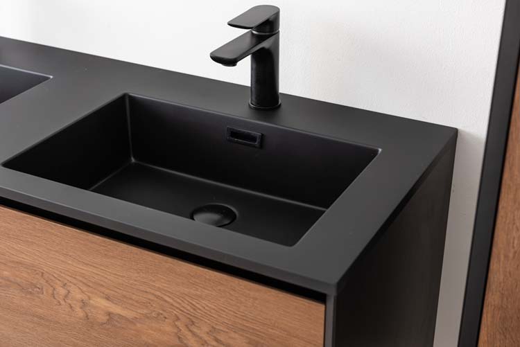 Meuble de salle de bains Justin noyer suspendu avec lavabo double noir mat 120cm