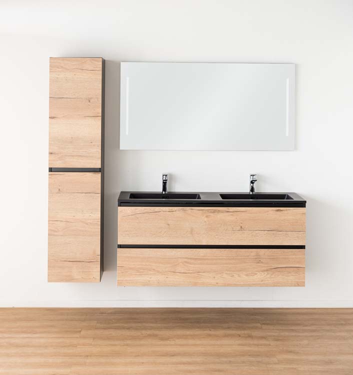 Badkamermeubel Dotan eik hangend met dubbele wastafel mat zwart 140cm