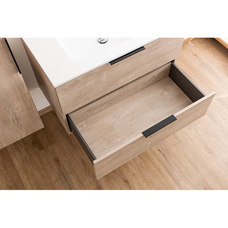 Badkamermeubel Plato eik betonlook hangend met enkele wastafel glanzend wit 90cm