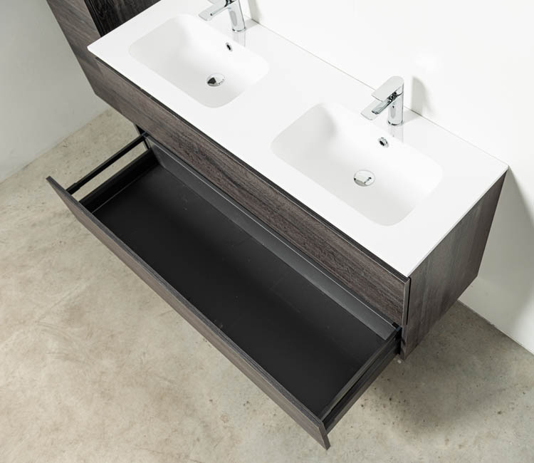 Meuble de salle de bain Dotan chêne foncé 1400 mm 2 lavabo mat