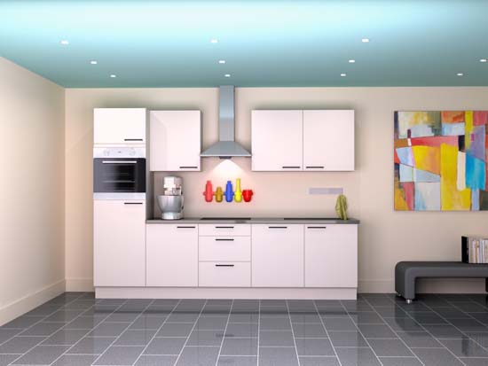 Cuisine Premium 5B blanche 300cm - pré-montée - avec appareils - plaque de cuisson vitrocéramique et hotte murale en inox