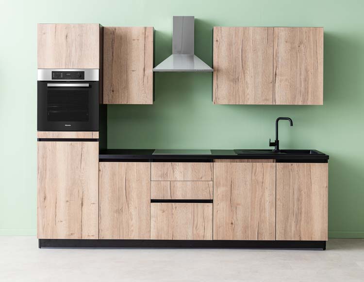 Cuisine Plenti noire/aspect bois 280cm - tiroirs - sans appareils