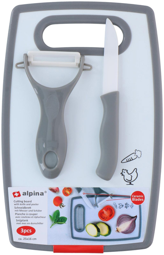 Planche à découper avec éplucheur et couteau plastique gris foncé 25x16cm