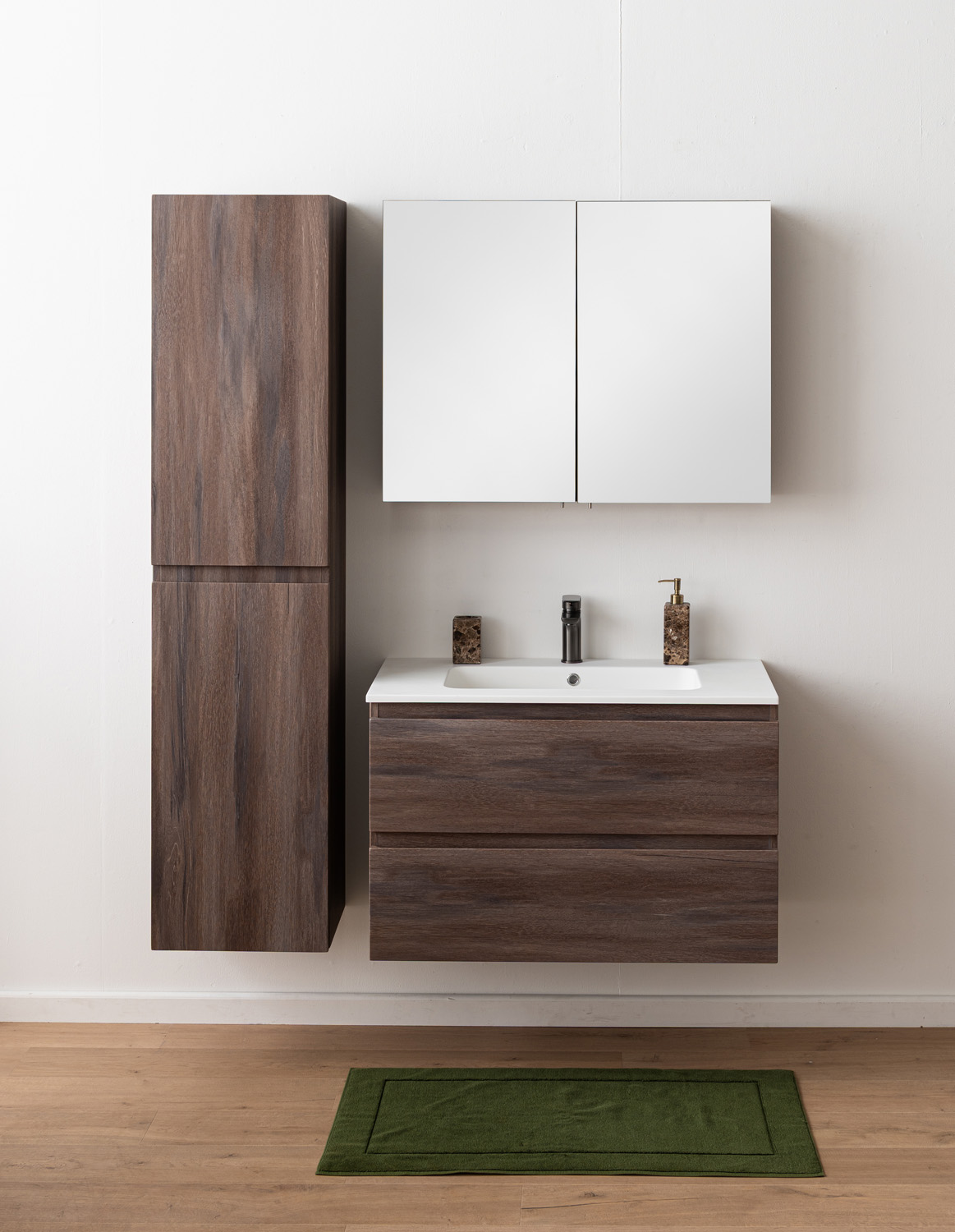 Meuble de salle de bains Tarik chêne ambré suspendu avec vasque simple blanc mat 90cm