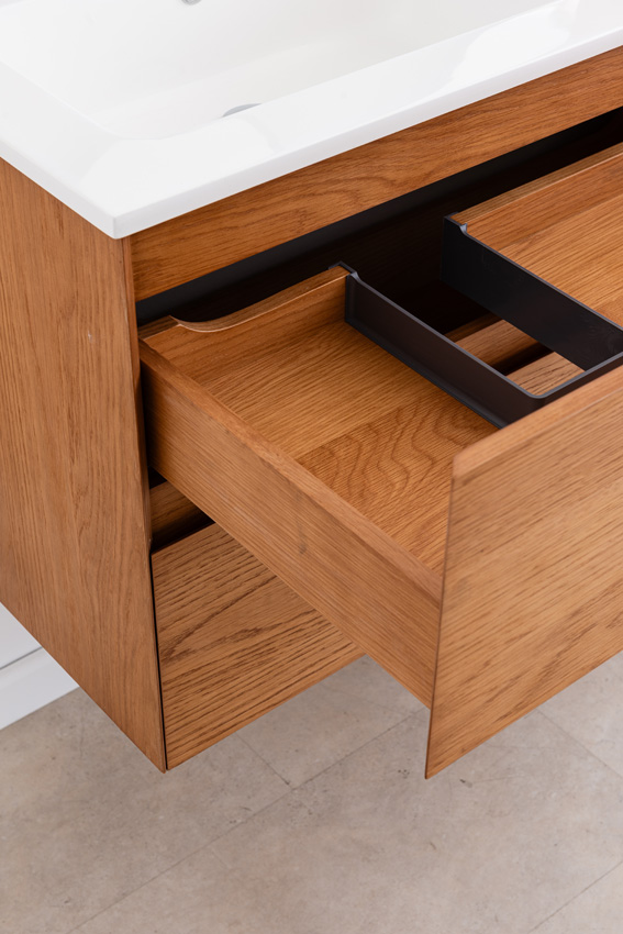 Meuble de salle de bain Fior en placage chêne suspendu avec double lavabo blanc mat 120cm