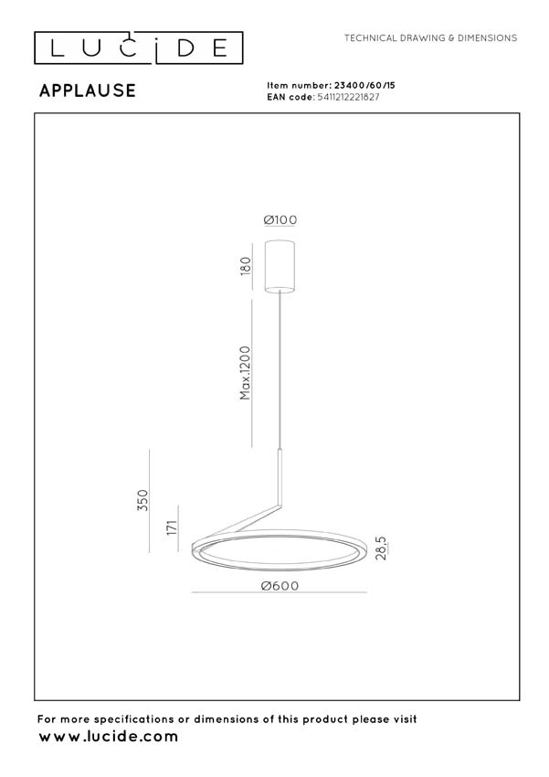 Lucide Premium Applause - Hanglamp - Ø60cm - LED Dimbaar - CCT - 1x32W 2700K/4000K - Handbewegingssensor - Grijs ijzer