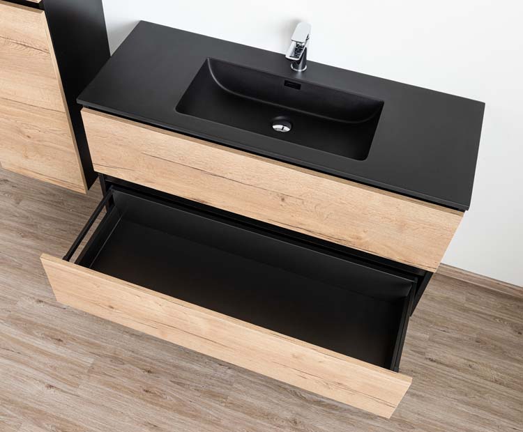 Meuble de salle de bains Dotan chêne suspendu avec lavabo simple noir mat 120cm