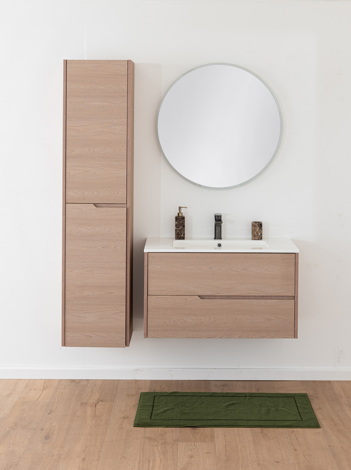 Badkamermeubel Tiago Nordic eik hangend met enkele wastafel mat wit 90cm